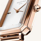 Γυναικείο ρολόι Rosefield Octagon XS OWRMR-O59 με ροζ χρυσό ατσάλινο μπρασελέ και άσπρο φίλντισι καντράν σε οκτάγωνο σχήμα μεγέθους 19.5mmX24mm.