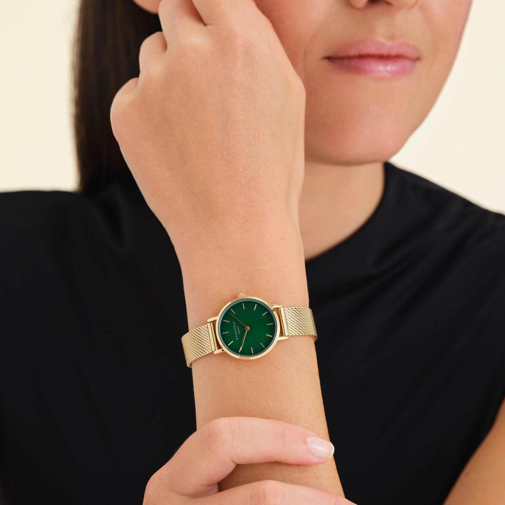 Γυναικείο ρολόι Rosefield Small Edit Emerald SEEGMG-SE72 με χρυσό ατσάλινο μπρασελέ και πράσινο καντράν διαμέτρου 26mm.
