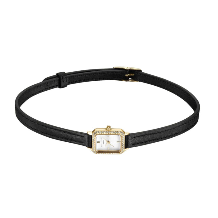 Ρολόι Τσόκερ Rosefield Studio Choker Leather STWBLG-ST03 με μαύρο δερμάτινο λουράκι και άσπρο καντράν σε οκτάγωνο σχήμα μεγέθους 15x18.5mm με ζιργκόν.