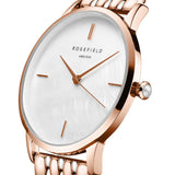 Γυναικείο ρολόι Rosefield The Pearl Edit RMRSR-R03 με δίχρωμο μπρασελέ σε ασημί-ροζ χρυσό χρώμα και άσπρο φίλντισι καντράν διαμέτρου 36mm.