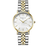 Γυναικείο ρολόι Rosefield The Upper East Side UWDSSG-U30 με δίχρωμο ατσάλινο μπρασελέ σε ασημί-χρυσό χρώμα και άσπρο φίλντισι καντράν διαμέτρου 33mm.