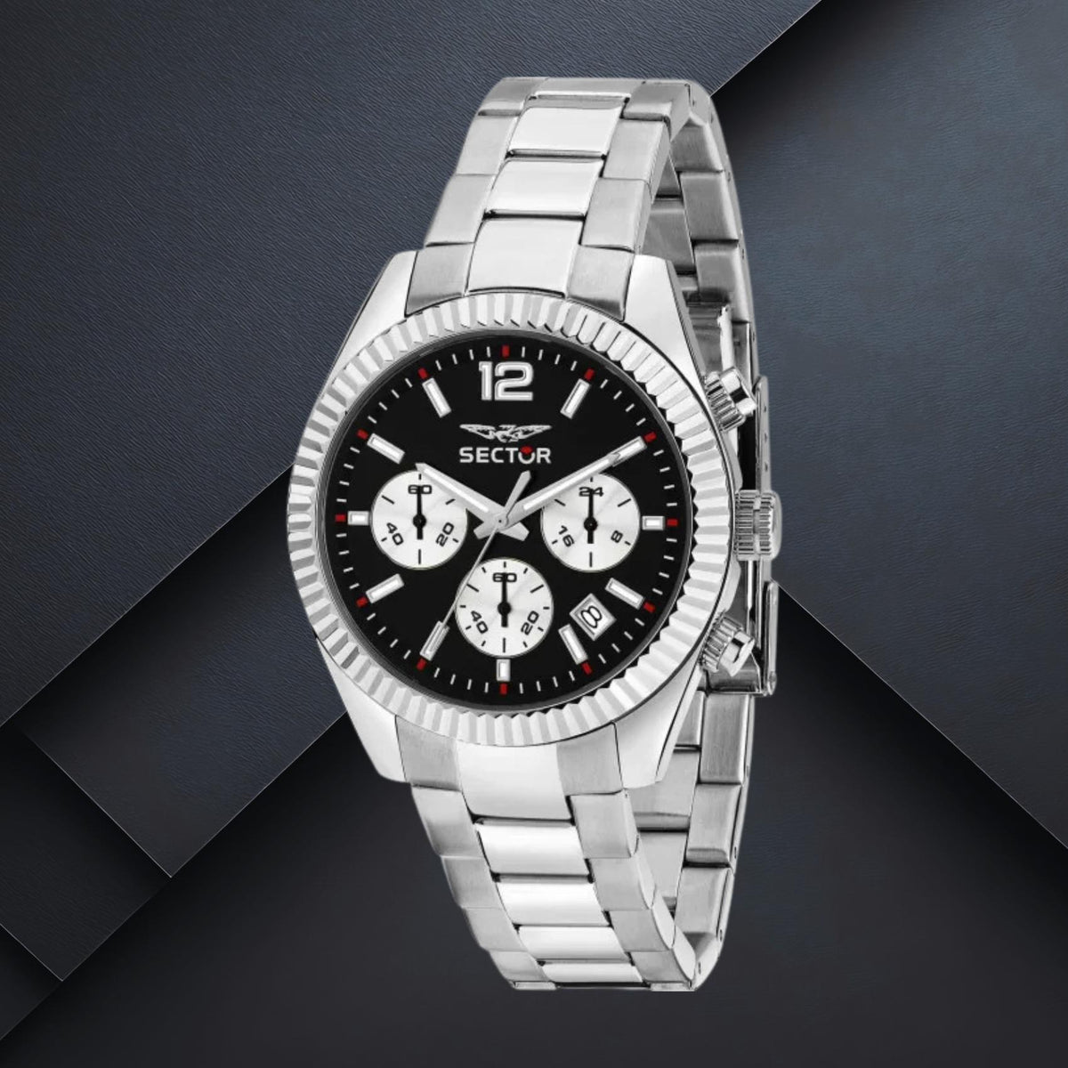 Ανδρικό ρολόι Sector 240 Chronograph R3273640029 με μαύρο καντράν 39mm, ορυκτό κρύσταλλο και ασημί μπρασελέ
