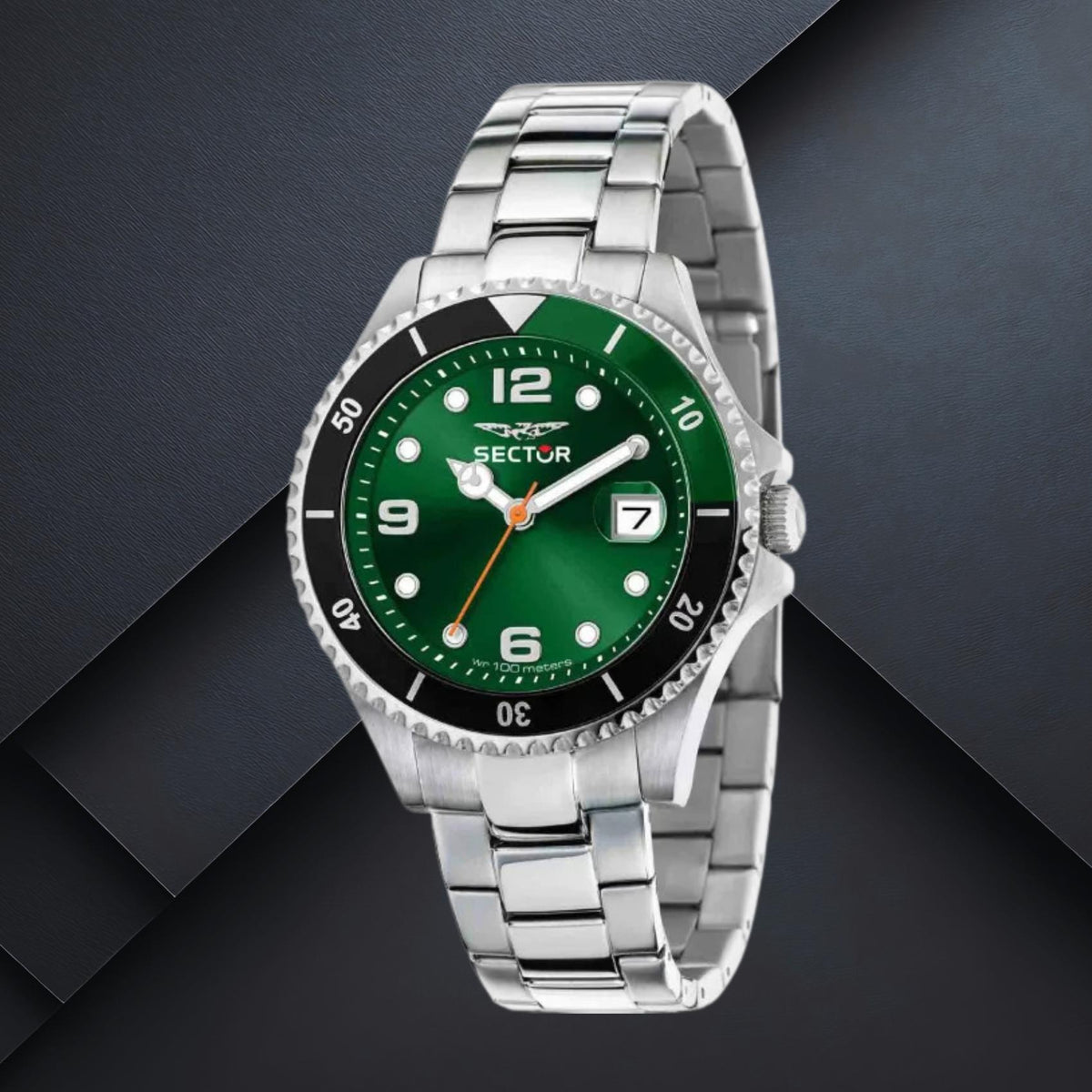 Ανδρικό ρολόι Sector 230 R3253161050 με πράσινο καντράν 39mm, ορυκτό κρύσταλλο και ασημί μπρασελέ