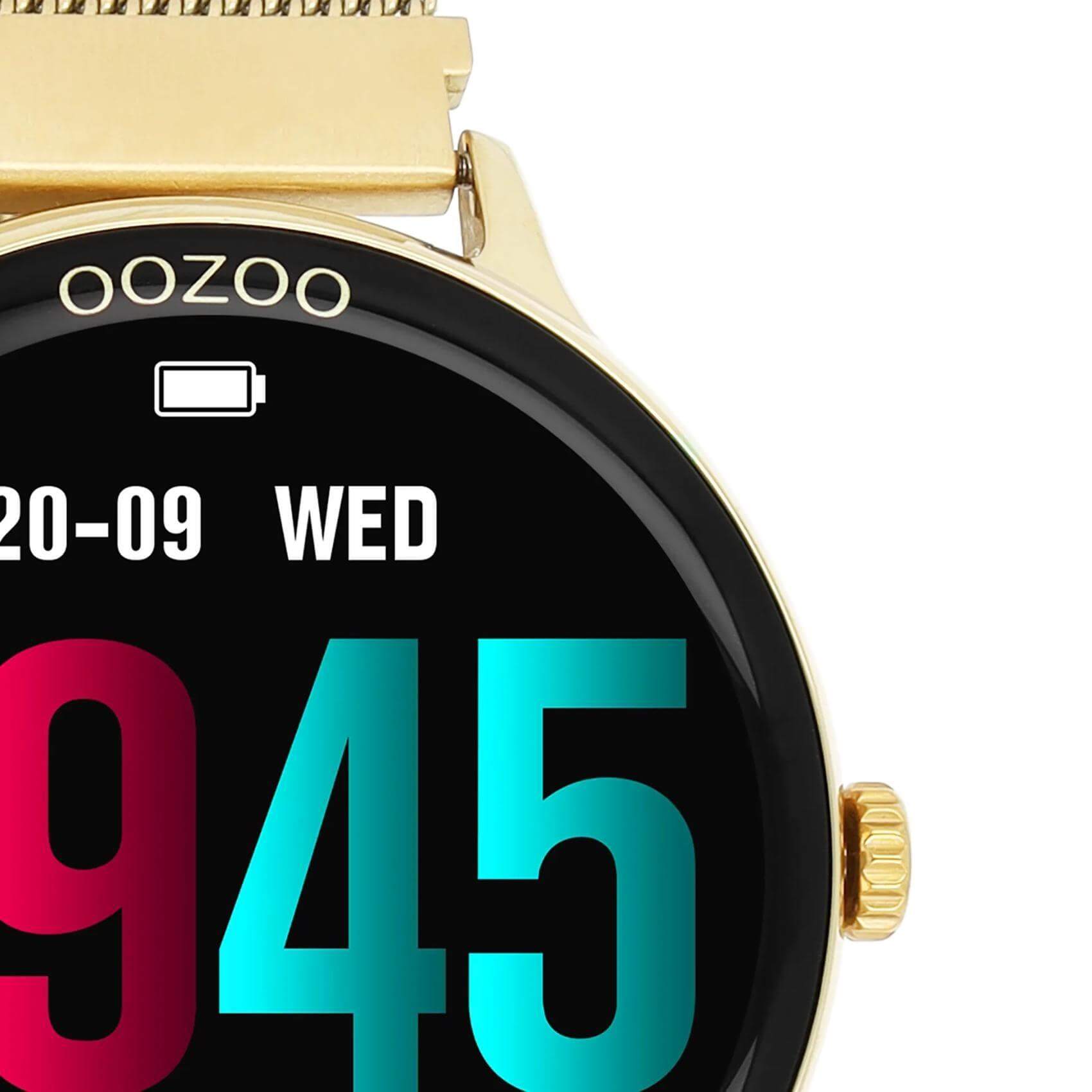 Smartwatch Oozoo Q00136 με χρυσό ατσάλινο μπρασελέ, οθόνη διάμετρου 45mm με λειτουργίες μέτρησης θερμιδών, βημάτων, καρδιακών παλμών και σύνδεση σε κινητό με bluetooth.