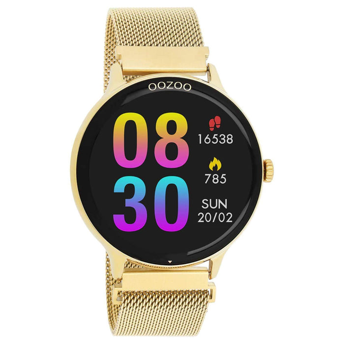 Smartwatch Oozoo Q00136 με χρυσό ατσάλινο μπρασελέ, οθόνη διάμετρου 45mm με λειτουργίες μέτρησης θερμιδών, βημάτων, καρδιακών παλμών και σύνδεση σε κινητό με bluetooth.