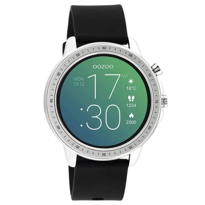 Smartwatch Oozoo Q00300 με μαύρο καουτσούκ λουράκι, οθόνη διάμετρου 45mm με λειτουργίες μέτρησης θερμιδών, βημάτων, καρδιακών παλμών και σύνδεση σε κινητό με bluetooth.