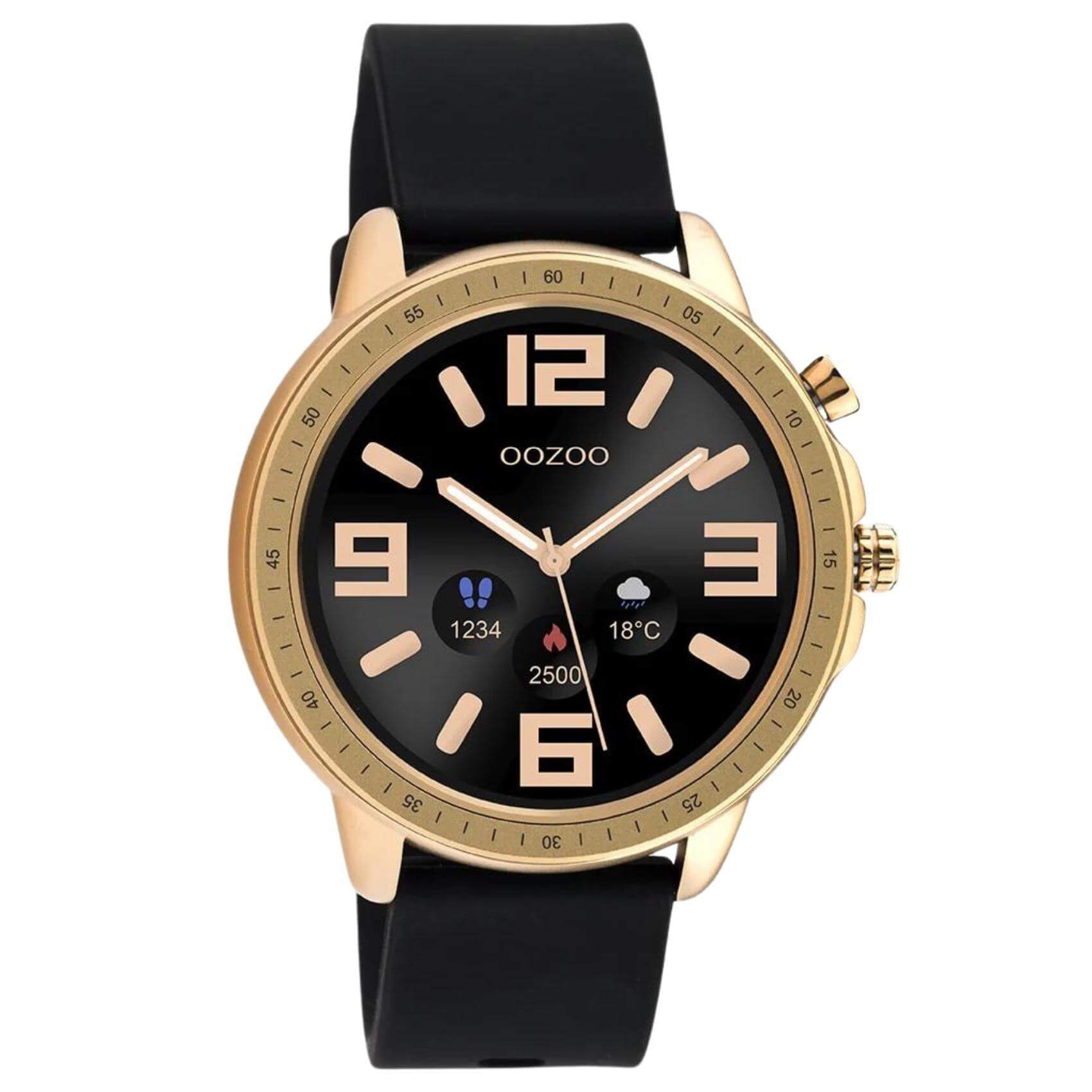 Smartwatch Oozoo Q00303 με μαύρο καουτσούκ λουράκι με ροζ χρυσή κάσα, οθόνη διάμετρου 45mm με λειτουργίες μέτρησης θερμιδών, βημάτων, καρδιακών παλμών και σύνδεση σε κινητό με bluetooth.