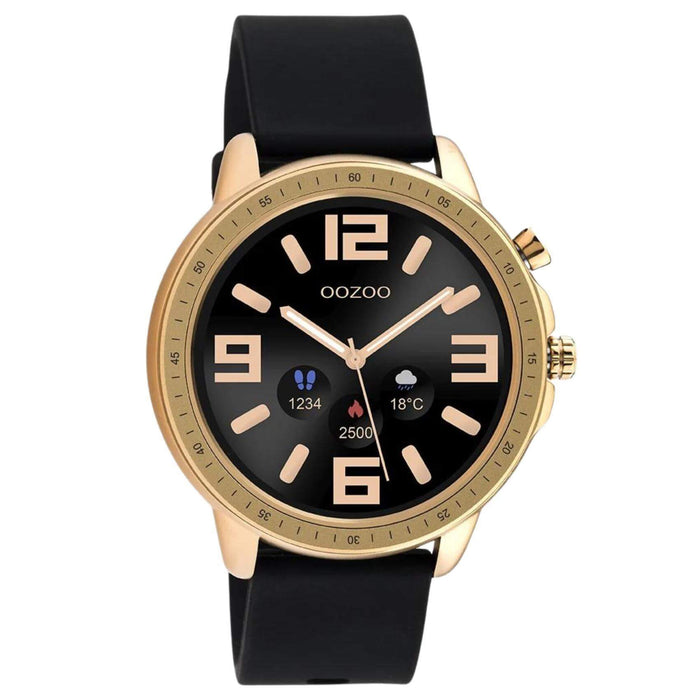 Smartwatch Oozoo Q00303 με μαύρο καουτσούκ λουράκι με ροζ χρυσή κάσα, οθόνη διάμετρου 45mm με λειτουργίες μέτρησης θερμιδών, βημάτων, καρδιακών παλμών και σύνδεση σε κινητό με bluetooth.
