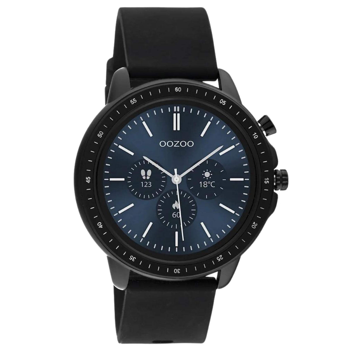 Smartwatch Oozoo Q00304 με μαύρο καουτσούκ λουράκι με μαύρη κάσα, οθόνη διάμετρου 45mm με λειτουργίες μέτρησης θερμιδών, βημάτων, καρδιακών παλμών και σύνδεση σε κινητό με bluetooth.