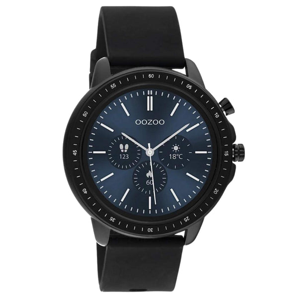 Smartwatch Oozoo Q00304 με μαύρο καουτσούκ λουράκι με μαύρη κάσα, οθόνη διάμετρου 45mm με λειτουργίες μέτρησης θερμιδών, βημάτων, καρδιακών παλμών και σύνδεση σε κινητό με bluetooth.