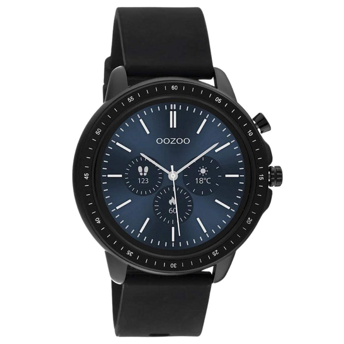 Smartwatch Oozoo Q00304 με μαύρο καουτσούκ λουράκι με μαύρη κάσα, οθόνη διάμετρου 45mm με λειτουργίες μέτρησης θερμιδών, βημάτων, καρδιακών παλμών και σύνδεση σε κινητό με bluetooth.
