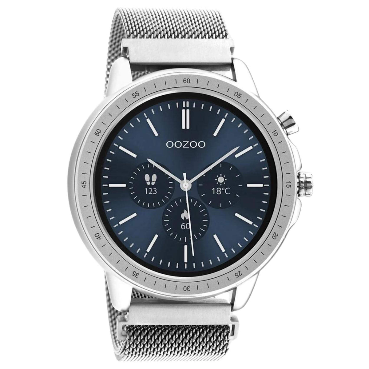 Smartwatch Oozoo Q00305 με ασημί ατσάλινο μπρασελέ και ασημί κάσα, οθόνη διάμετρου 45mm με λειτουργίες μέτρησης θερμιδών, βημάτων, καρδιακών παλμών και σύνδεση σε κινητό με bluetooth.