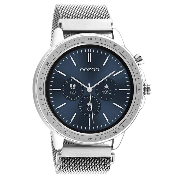 Smartwatch Oozoo Q00305 με ασημί ατσάλινο μπρασελέ και ασημί κάσα, οθόνη διάμετρου 45mm με λειτουργίες μέτρησης θερμιδών, βημάτων, καρδιακών παλμών και σύνδεση σε κινητό με bluetooth.