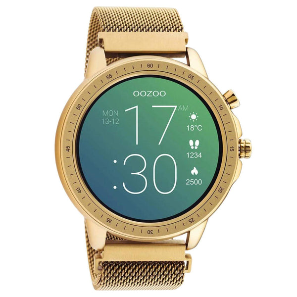 Smartwatch Oozoo Q00307 με ροζ χρυσό ατσάλινο μπρασελέ και ροζ χρυσή κάσα, οθόνη διάμετρου 45mm με λειτουργίες μέτρησης θερμιδών, βημάτων, καρδιακών παλμών και σύνδεση σε κινητό με bluetooth.
