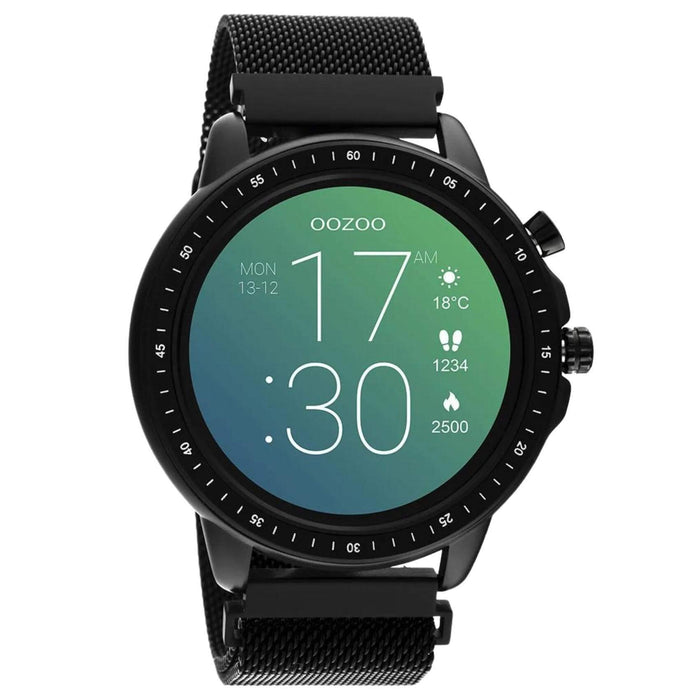 Smartwatch Oozoo Q00309 με μαύρο ατσάλινο μπρασελέ και μαύρη κάσα, οθόνη διάμετρου 45mm με λειτουργίες μέτρησης θερμιδών, βημάτων, καρδιακών παλμών και σύνδεση σε κινητό με bluetooth.