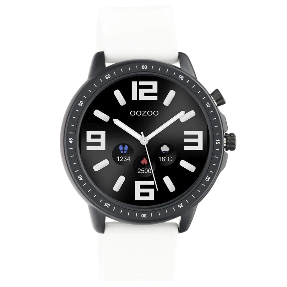 Smartwatch Oozoo Q00327 με άσπρο καουτσούκ λουράκι, μαύρη κάσα, οθόνη διάμετρου 45mm με λειτουργίες μέτρησης θερμιδών, βημάτων, καρδιακών παλμών και σύνδεση σε κινητό με bluetooth.