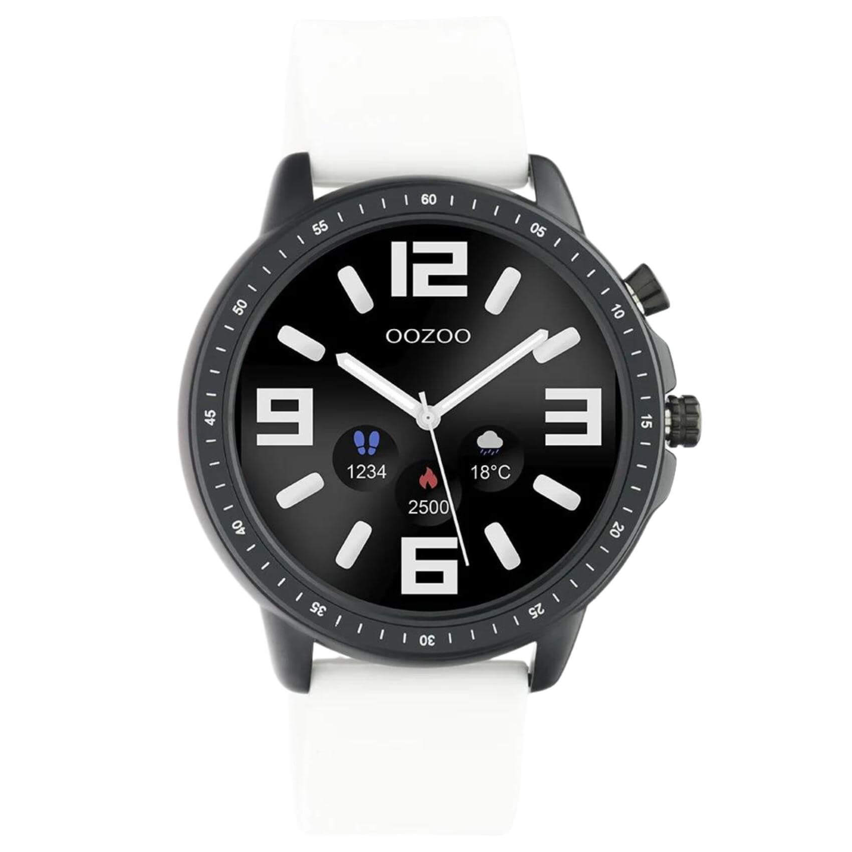 Smartwatch Oozoo Q00327 με άσπρο καουτσούκ λουράκι, μαύρη κάσα, οθόνη διάμετρου 45mm με λειτουργίες μέτρησης θερμιδών, βημάτων, καρδιακών παλμών και σύνδεση σε κινητό με bluetooth.
