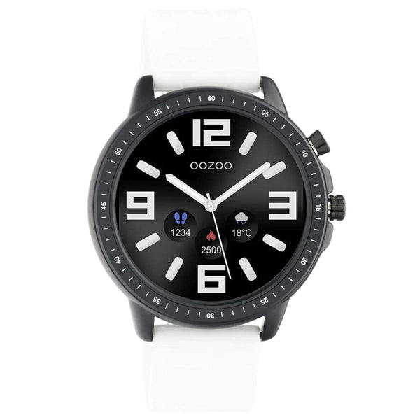 Smartwatch Oozoo Q00327 με άσπρο καουτσούκ λουράκι, μαύρη κάσα, οθόνη διάμετρου 45mm με λειτουργίες μέτρησης θερμιδών, βημάτων, καρδιακών παλμών και σύνδεση σε κινητό με bluetooth.
