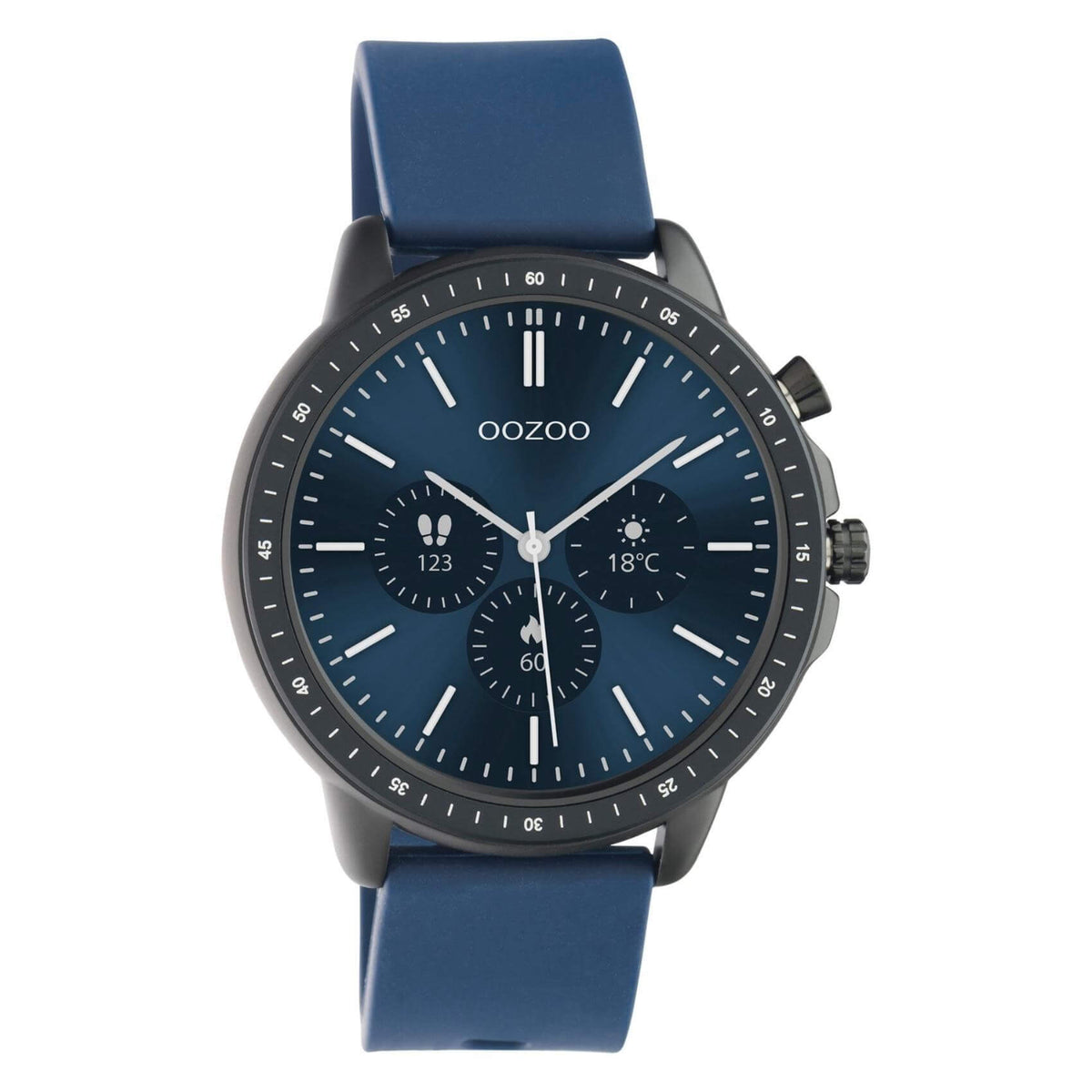 Smartwatch Oozoo Q00332 με μπλε καουτσούκ λουράκι, μαύρη κάσα, οθόνη διάμετρου 45mm με λειτουργίες μέτρησης θερμιδών, βημάτων, καρδιακών παλμών και σύνδεση σε κινητό με bluetooth.