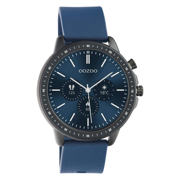 Smartwatch Oozoo Q00332 με μπλε καουτσούκ λουράκι, μαύρη κάσα, οθόνη διάμετρου 45mm με λειτουργίες μέτρησης θερμιδών, βημάτων, καρδιακών παλμών και σύνδεση σε κινητό με bluetooth.