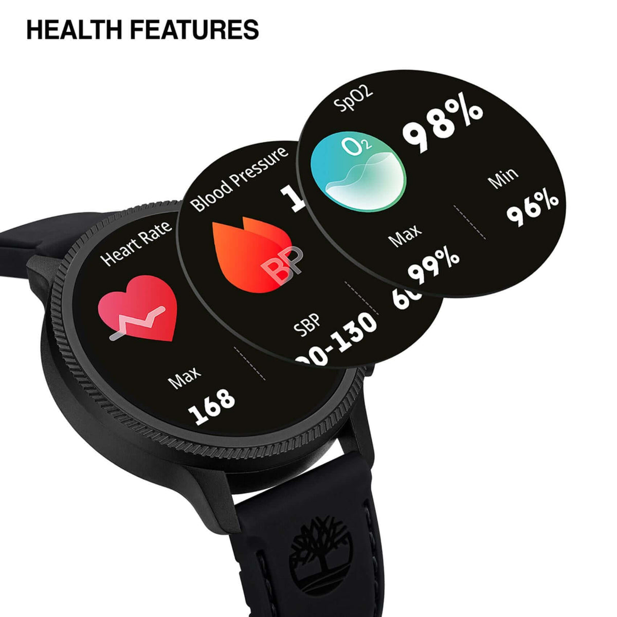 Κοντινό στο μαύρο καντράν του Smartwatch Timberland Trail Force S1 TDIGB0064503, health features