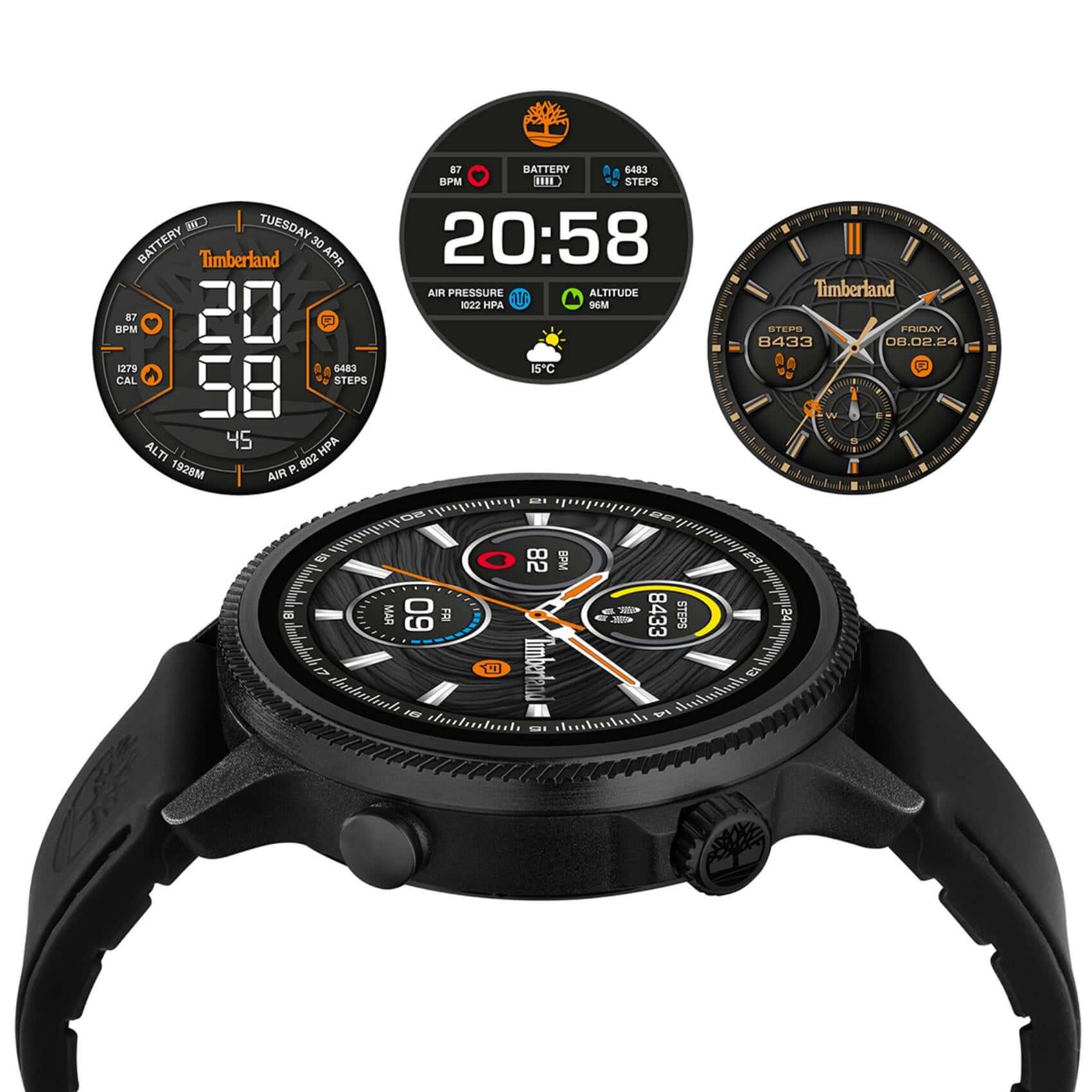 Κοντινό στο μαύρο καντράν του Smartwatch Timberland Trail Force S1 TDIGB0064503.