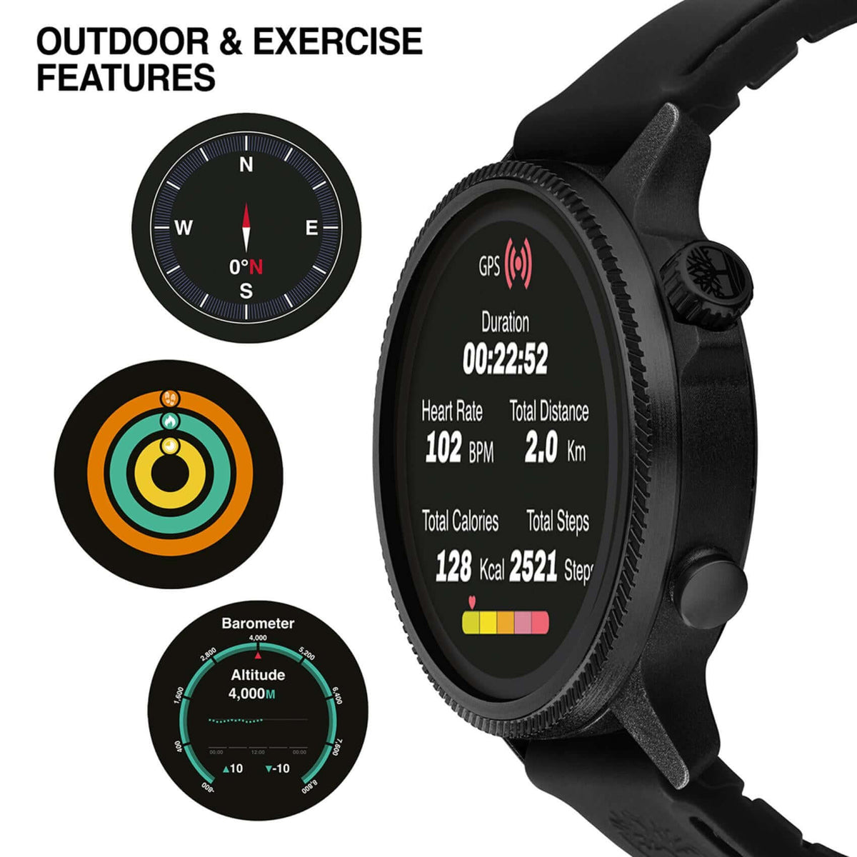 Κοντινό στο μαύρο καντράν του Smartwatch Timberland Trail Force S1 TDIGB0064503, outdoor features