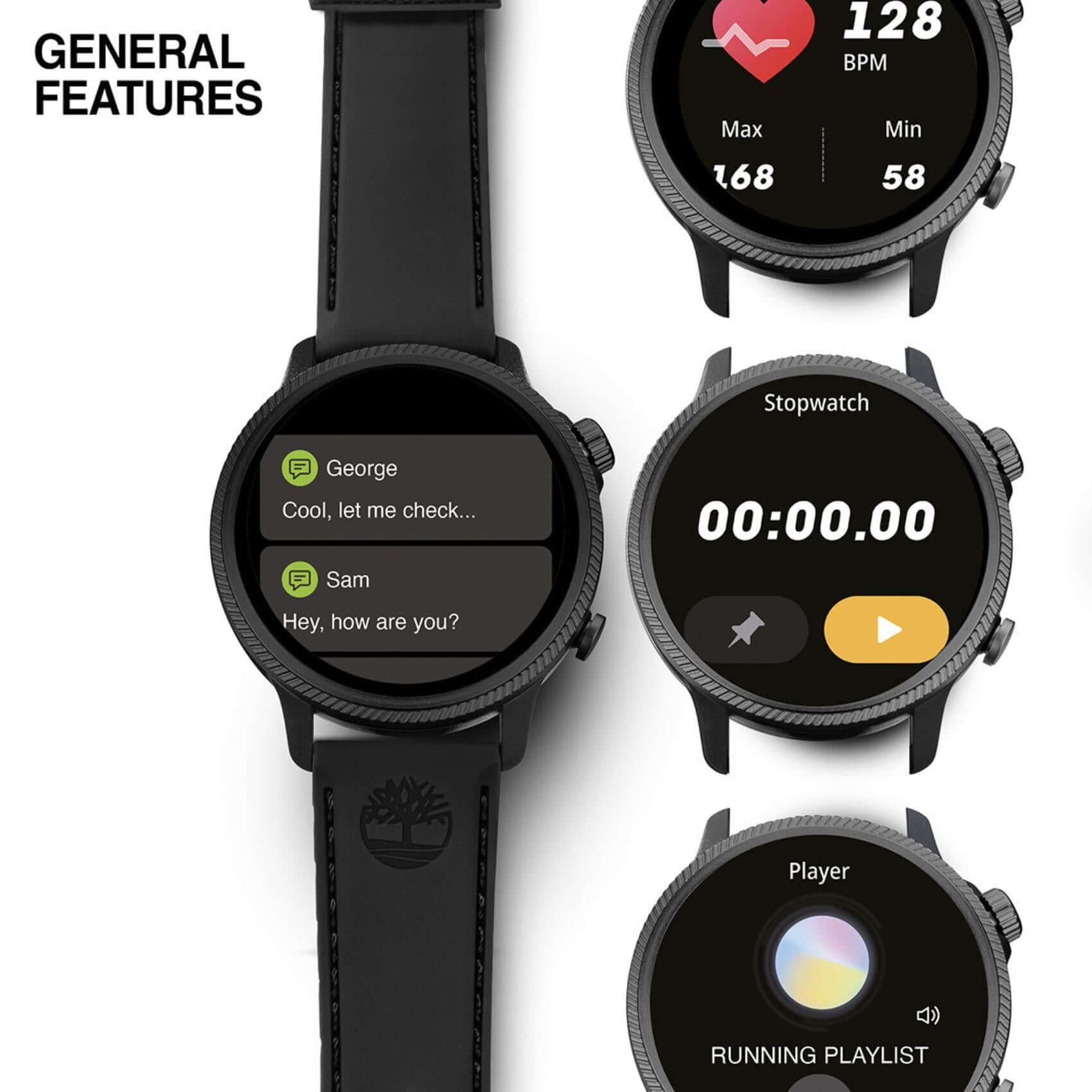 Smartwatch Timberland Trail Force S1 TDIGB0064503 με μαύρο λουράκι σιλικόνης και μαύρο καντράν 48 mm, γενικές λειτουργίες ρυθμίσεις, λειτουργία ύπνου, ξυπνητήρι , χρονόμετρο, GPS, κλήσεις &amp; ειδοποιήσεις μέσω wifi, ειδοποιήσεις, έλεγχος κάμερας κινητού, έλεγχος media player κινητού.