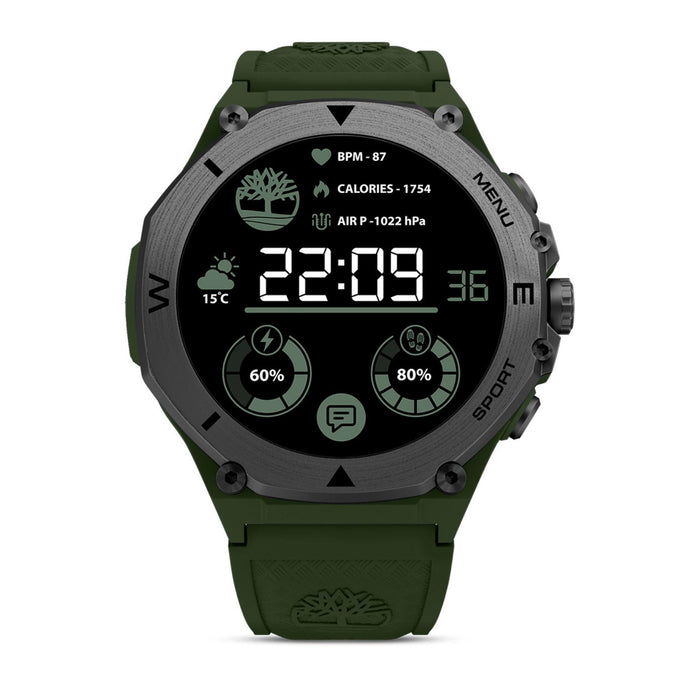 Smartwatch Timberland Trail Force S2 TDIGB0089803 με πράσινο λουράκι σιλικόνης και μαύρο καντράν σε πλήρη μπροστινή όψη.