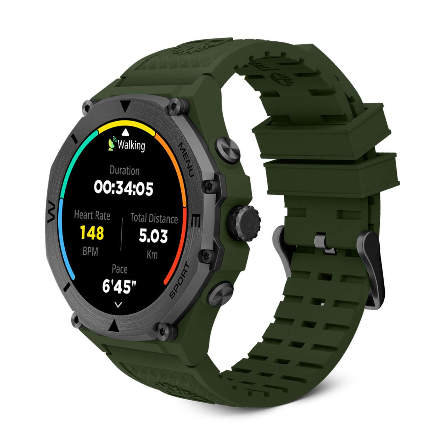 Πλαϊνή όψη του smartwatch Timberland Trail Force S2 TDIGB0089803 με πράσινο λουράκι σιλικόνης.