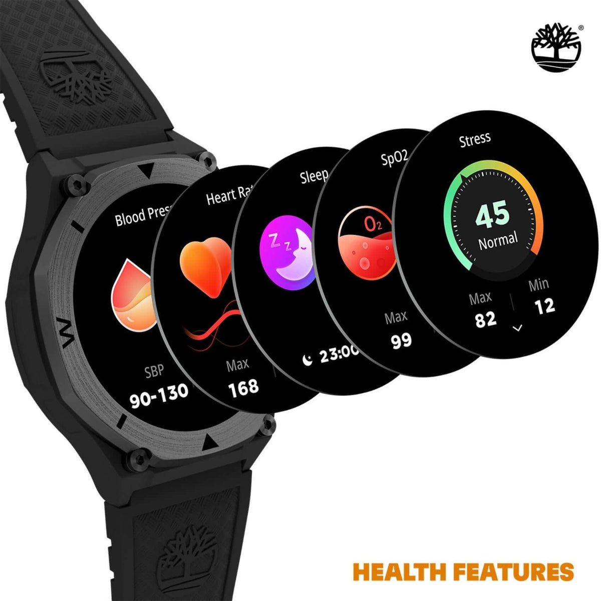 Λειτουργίες υγείας του Smartwatch Timberland Trail Force S2 TDIGB00898X0 όπως καρδιακοί παλμοί, ύπνος και ευεξία.