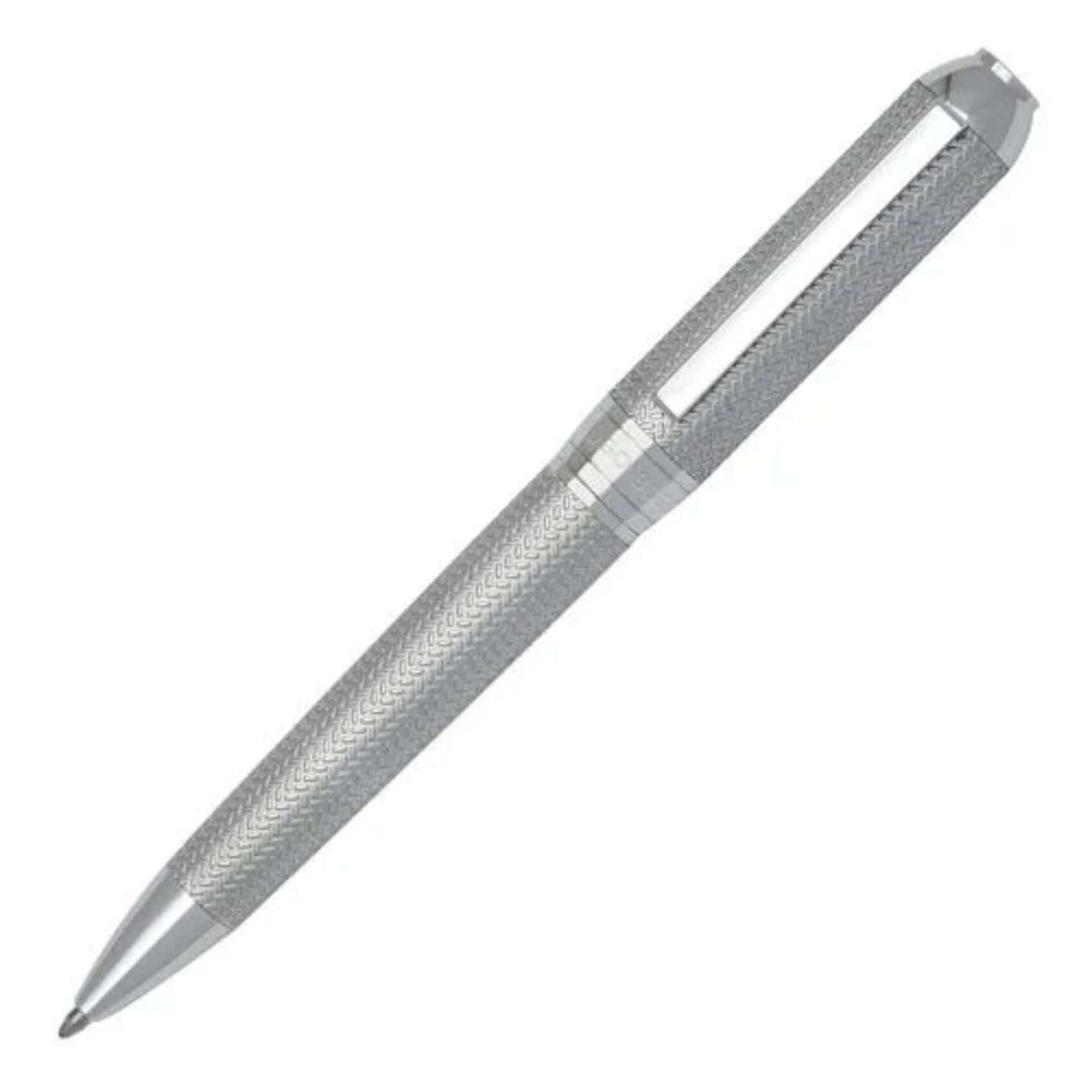 Στυλό Hugo Boss HSI4654C Elemental σε ασημί χρώμα με ανοιχτό καπάκι, σε κοντινή λήψη που αναδεικνύει την ποιότητα κατασκευής, τη μεταλλική υφή και τη λεπτομέρεια της μύτης.