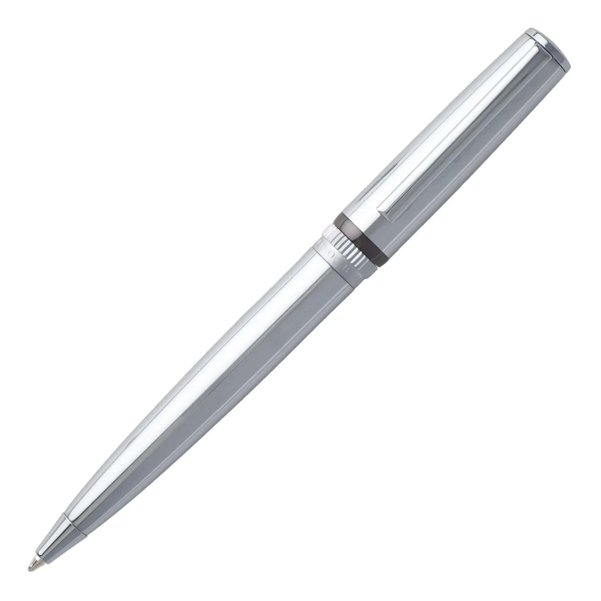 Στυλό Hugo Boss HSN9674B Gear σε ασημί χρώμα με μαύρες λεπτομέρειες, σε φωτογραφία που αναδεικνύει την premium ποιότητα κατασκευής, τη διχρωμία του design και τις minimal γραμμές της σειράς.