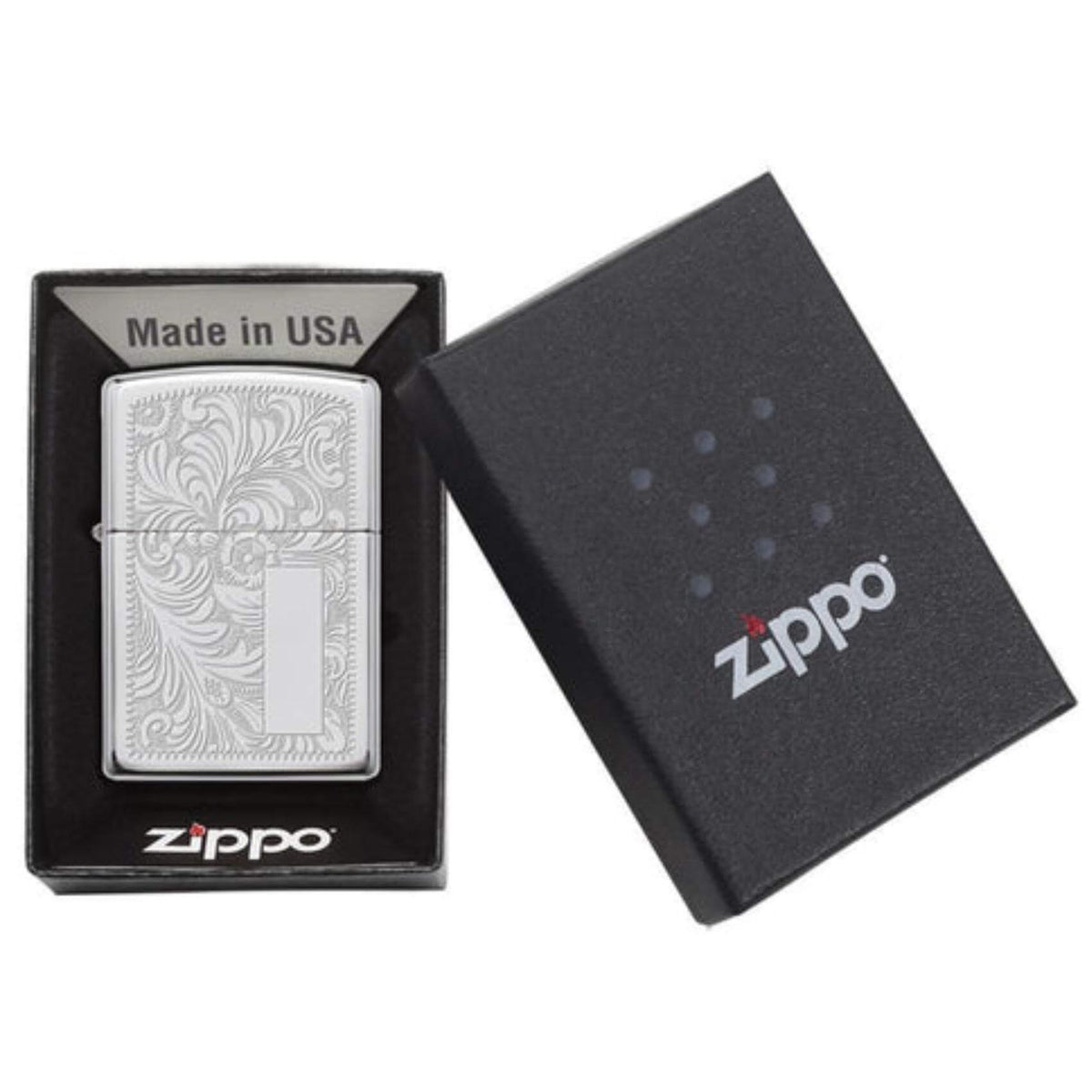 Αντιανεμικός αναπτήρας Zippo Brass Venetian 352 σε ασημί μεταλικό χρώμα με φλοράλ λεπτομέρειες και δυνατότητα χάραξης.