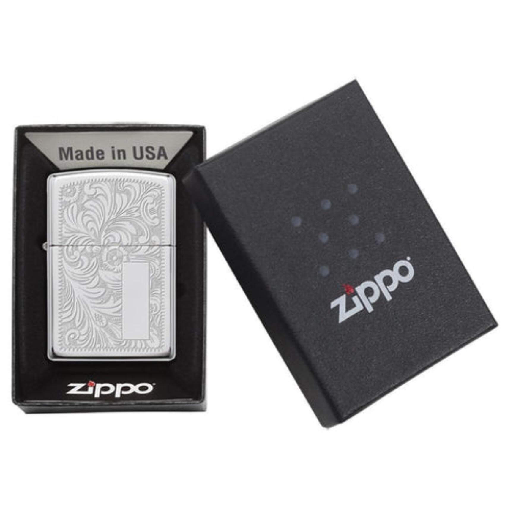 Αντιανεμικός αναπτήρας Zippo Brass Venetian 352 σε ασημί μεταλικό χρώμα με φλοράλ λεπτομέρειες και δυνατότητα χάραξης.