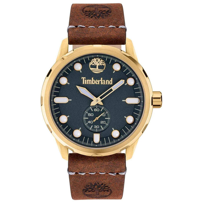Αντρικό ρολόι Timberland Adirondack TDWGA0028502 με καφέ δερμάτινο λουράκι και μπλε καντράν διαμέτρου 46mm με ημερομηνία.