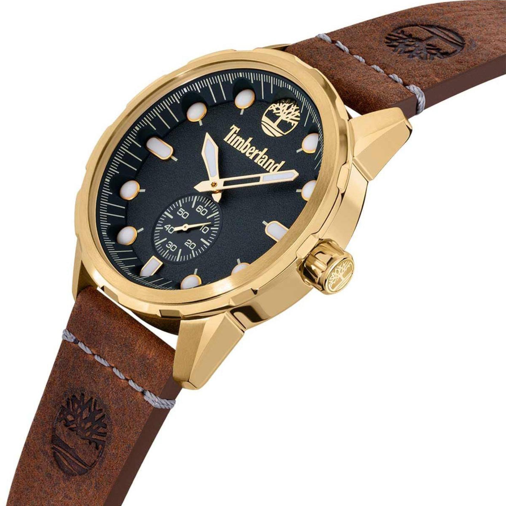 Αντρικό ρολόι Timberland Adirondack TDWGA0028502 με καφέ δερμάτινο λουράκι και μπλε καντράν διαμέτρου 46mm με ημερομηνία.