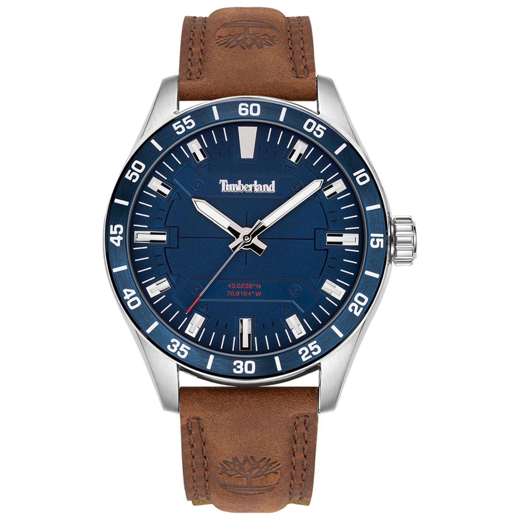 Αντρικό ρολόι Timberland Calverton TDWGA2201204 με καφέ δερμάτινο λουράκι και μπλε καντράν διαμέτρου 46mm.