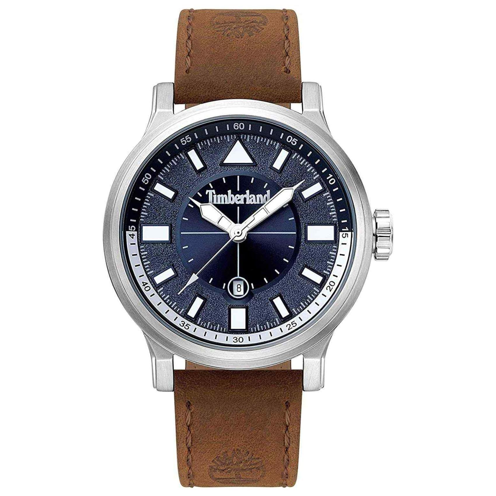 Αντρικό ρολόι Timberland Driscoll TBL15248JS03 με καφέ δερμάτινο λουράκι και μπλε καντράν διαμέτρου 46mm με ημερομηνία.
