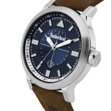 Αντρικό ρολόι Timberland Driscoll TBL15248JS03 με καφέ δερμάτινο λουράκι και μπλε καντράν διαμέτρου 46mm με ημερομηνία.
