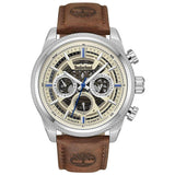 Αντρικό ρολόι Timberland Hadlock TDWGF2200705 με καφέ δερμάτινο λουράκι και μπεζ καντράν διαμέτρου 46mm με ημέρας-ημερομηνία.