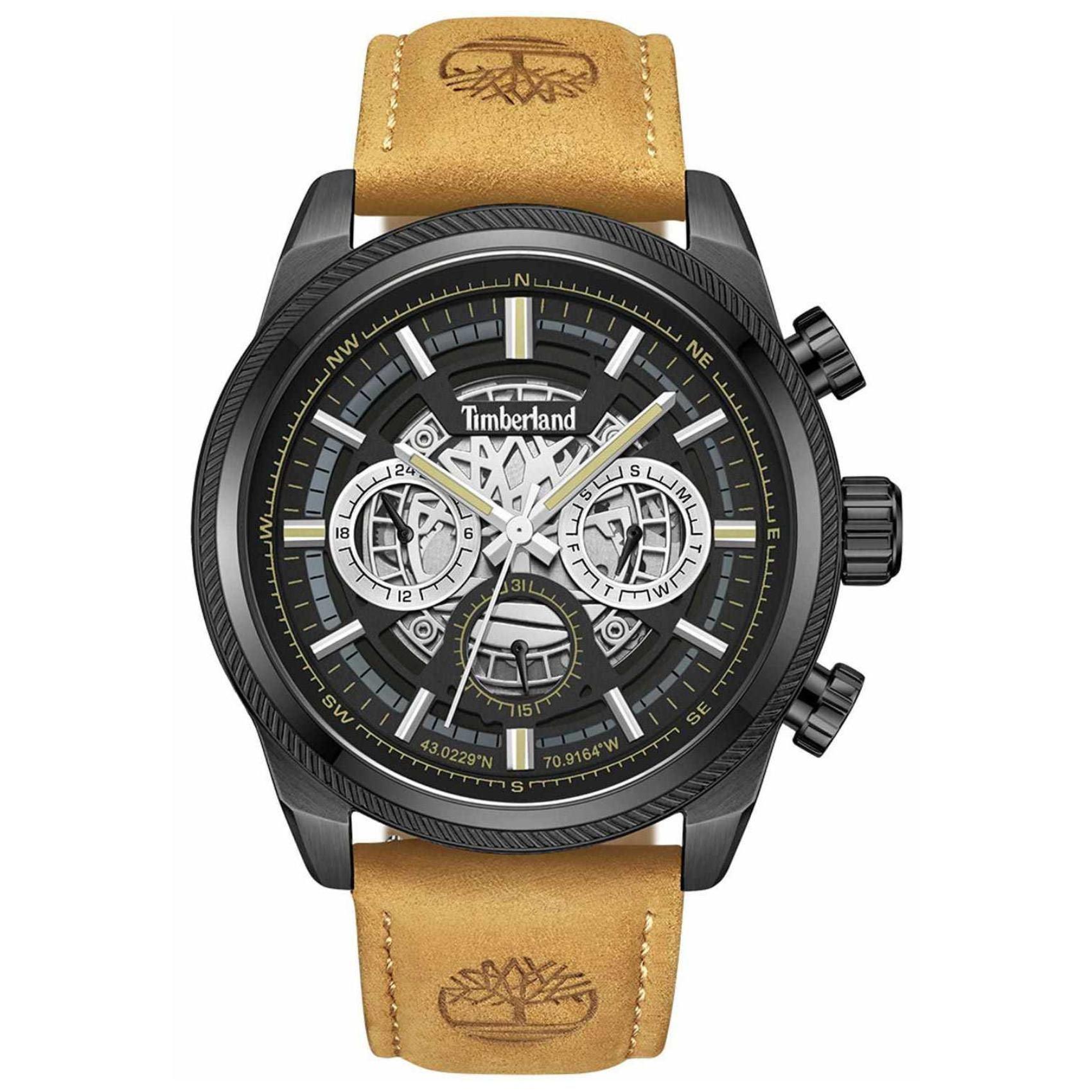 Αντρικό ρολόι Timberland Hadlock TDWGF2200706 με ταμπά δερμάτινο λουράκι και μαύρο καντράν διαμέτρου 46mm με ημέρα-ημερομηνία.