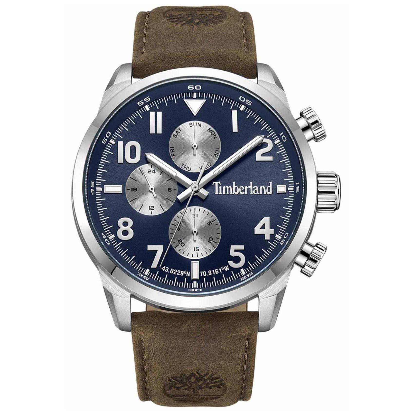 Αντρικό ρολόι Timberland Henniker II TDWGF0009501 με καφέ δερμάτινο λουράκι και μπλε καντράν διαμέτρου 46mm.