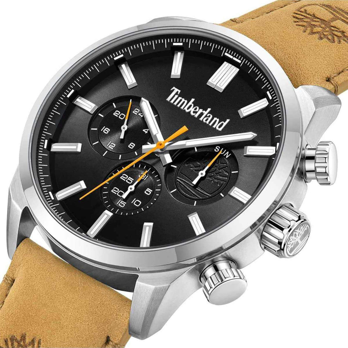 Αντρικό ρολόι Timberland Henniker II TDWGF0028701 με ταμπά δερμάτινο λουράκι και μαύρο καντράν διαμέτρου 46mm και ημέρα-ημερομηνία.