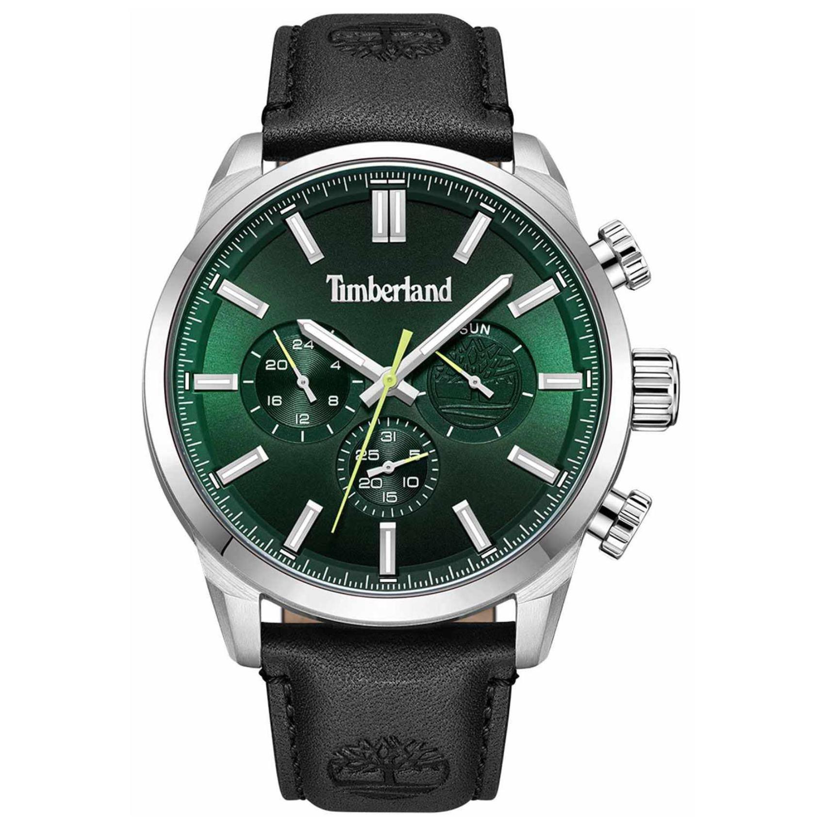 Αντρικό ρολόι Timberland Henniker II TDWGF0028703 με μαύρο δερμάτινο λουράκι και πράσινο καντράν διαμέτρου 46mm και ημέρα-ημερομηνία.
