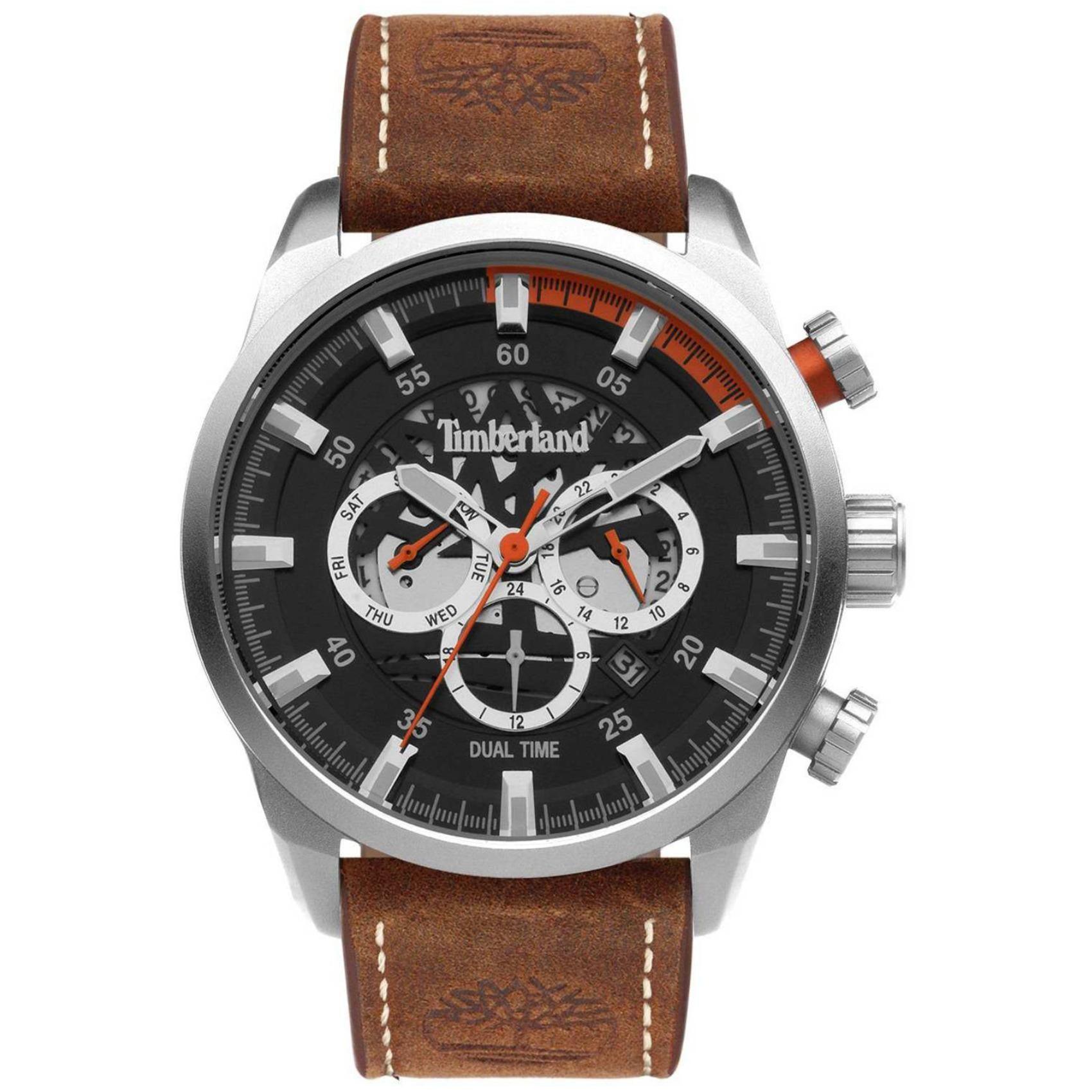 Αντρικό ρολόι Timberland Henniker III TDWGF2100603 Dual Time με καφέ δερμάτινο λουράκι και μαύρο καντράν διαμέτρου 46mm με ημέρα-ημερομηνία.
