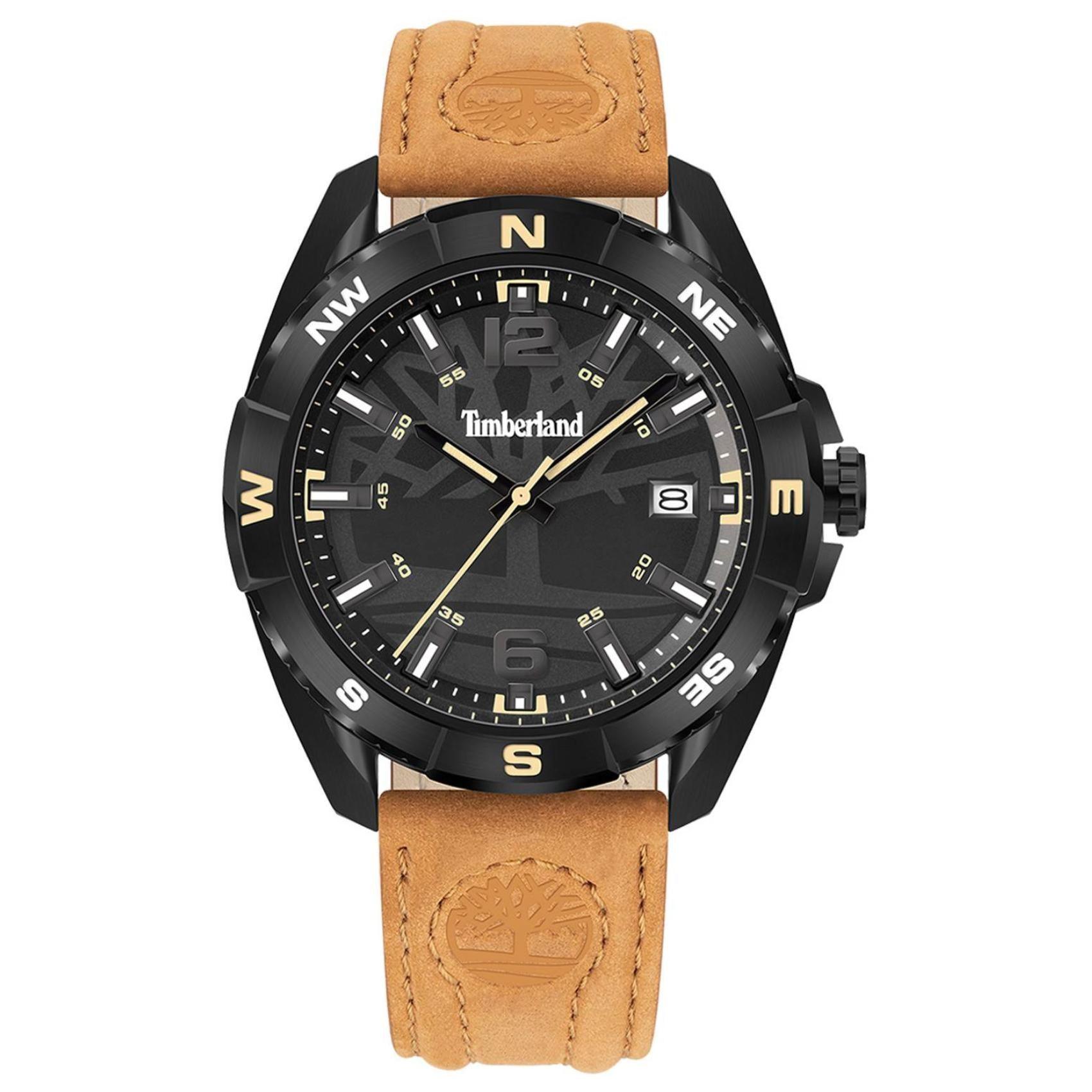 Αντρικό ρολόι Timberland Milinocket TDWGB2202101 με καφέ δερμάτινο λουράκι και μαύρο καντράν διαμέτρου 44mm με ημερομηνία.
