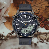 Αντρικό ρολόι Timberland Milwood TDWJD2004503 με μαύρο δερμάτινο λουράκι και μπλε καντράν διαμέτρου 49,5mm με ψηφιακή ένδειξη ώρας.