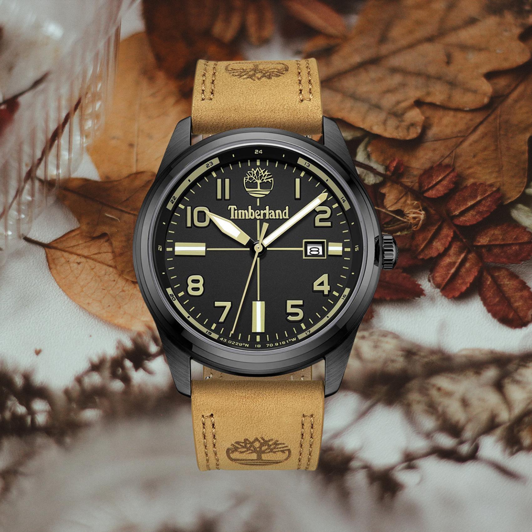 Αντρικό ρολόι Timberland Northbridge TDWGB2230701 με ταμπά δερμάτινο λουράκι και μαύρο καντράν διαμέτρου 45mm με ημερομηνία.