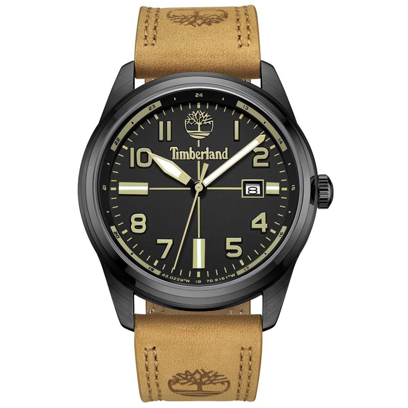 Αντρικό ρολόι Timberland Northbridge TDWGB2230701 με ταμπά δερμάτινο λουράκι και μαύρο καντράν διαμέτρου 45mm με ημερομηνία.